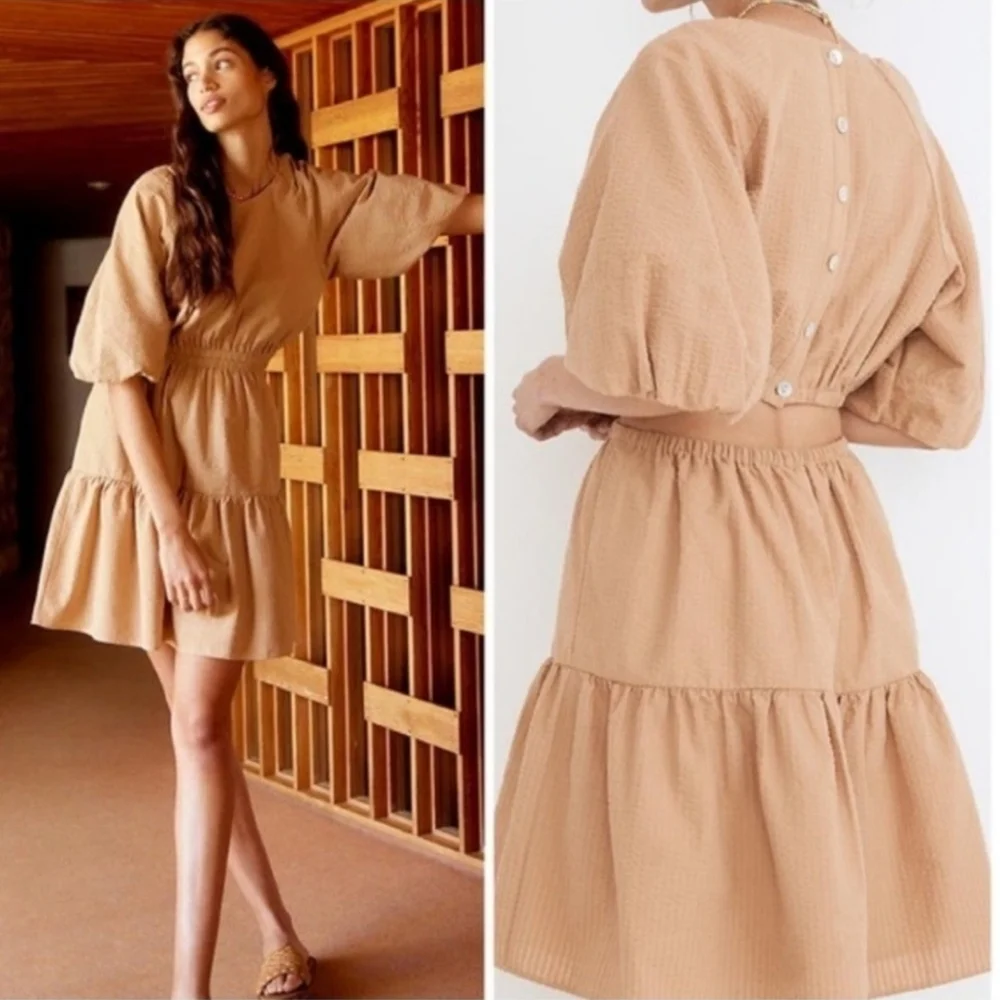 Madewell Women's Seersucker Puff-Sleeve Tan Lagenlook Preppy Mini Dress. Sz L - Picture 4 of 9